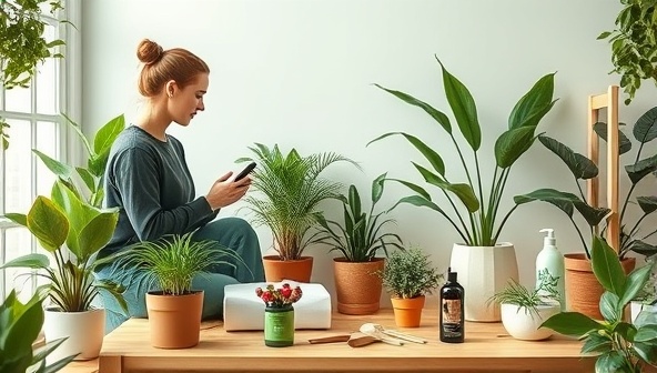 A visual representation of a virtual plant care consultation session where a plant expert guides a subscriber through plant care tips and recommendations, showcasing a variety of indoor plants, gardening tools, and eco-friendly plant care products, creating a vibrant and green-themed virtual environment that inspires plant care and cultivation.