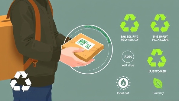 An artistic representation of the smart packaging system in action, showcasing a delivery person handing over a meal package with embedded RFID technology to a customer, with recycling symbols and eco-friendly messaging, highlighting the innovative and sustainable approach to food delivery.