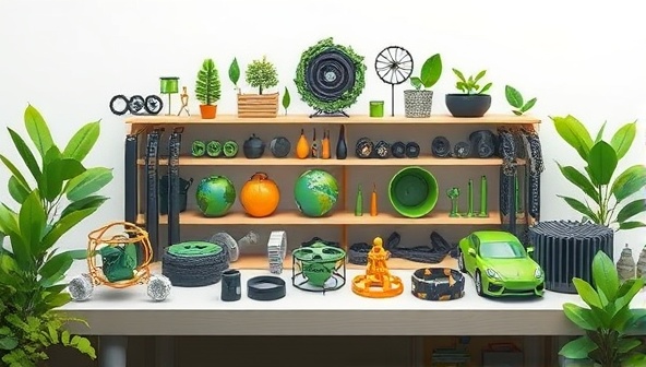 An artistic representation of a diverse array of eco-friendly automotive parts displayed on a virtual marketplace platform, surrounded by green foliage and symbols of sustainability, conveying the message of environmental responsibility and innovation.