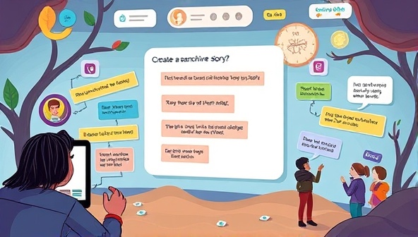 An imaginative digital interface showing a user creating a branching narrative story with colorful icons, dialogue bubbles, and character illustrations, capturing the essence of interactive storytelling and creativity.