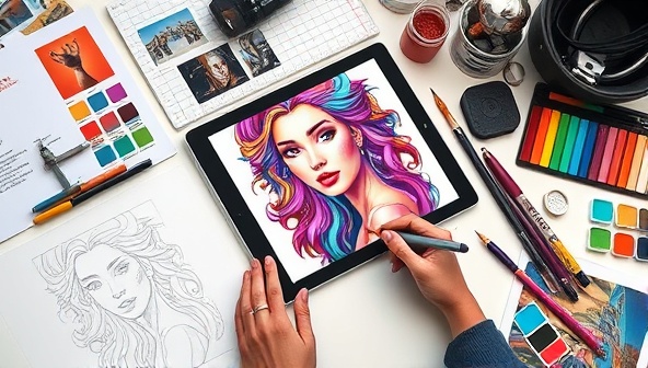 An artist's workspace with a digital tablet and stylus creating a vibrant and intricate digital art portrait, surrounded by sketches, color palettes, and inspirational images, reflecting the creativity and personalized nature of the art service.