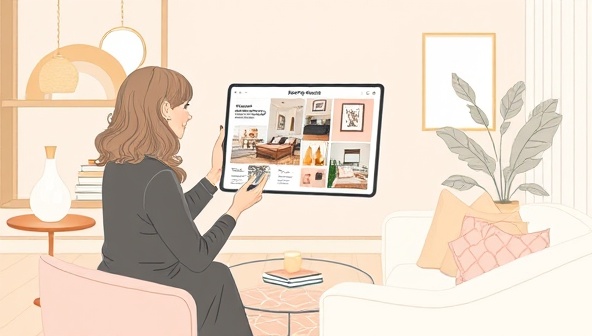 An elegant digital illustration of a virtual design consultation session, with a designer presenting a mood board and design concept on a tablet screen to a client, surrounded by stylish home decor elements and swatches, illustrating a sophisticated and collaborative design process with DesignVista.