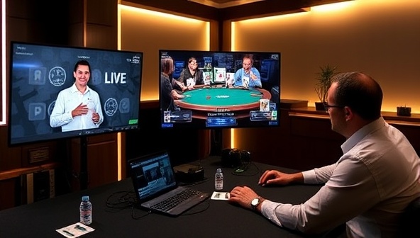 A live streaming setup featuring a professional poker coach interacting with subscribers, analyzing gameplay strategies, and providing real-time feedback on poker hands, showcasing the educational and interactive nature of the PokerPro Live coaching platform.