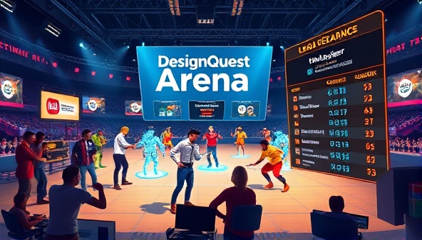 An exciting visual of a digital arena filled with design challenges, vibrant avatars of designers engaging in creative battles, and a leaderboard displaying top performers, capturing the dynamic and competitive spirit of DesignQuest Arena in the web design industry.