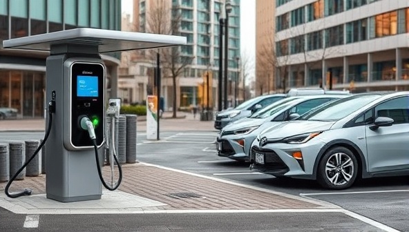 An EV charging station integrated into a sleek and modern urban setting, with a line of EVs waiting to charge, showcasing convenience and sustainability.