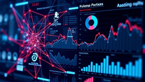 An abstract representation of interconnected data points and analytics charts displayed on a futuristic digital interface, symbolizing advanced technology and strategic insights for businesses.