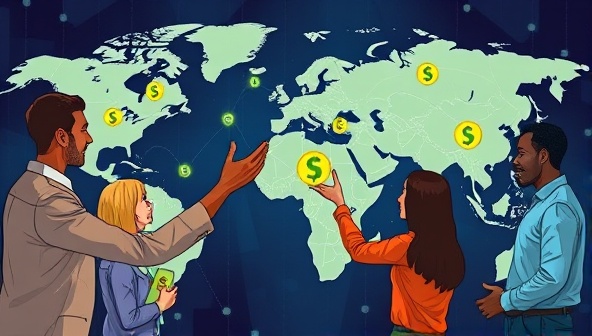 An engaging visual of diverse individuals exchanging money symbols in a digital network, symbolizing trust and community support in peer-to-peer lending, set against a backdrop of a global map to represent inclusivity.