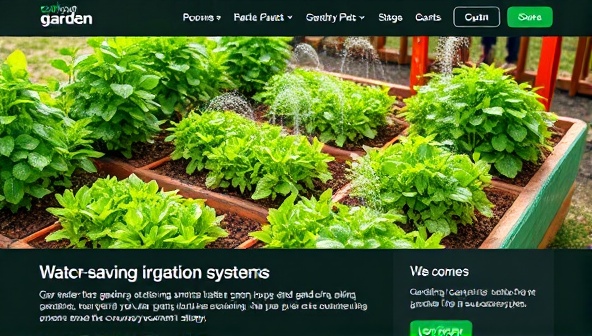 An interactive website interface displaying virtual garden plots with lush green plants, water-saving irrigation systems, and a bustling online community sharing gardening tips and success stories, promoting sustainability and community engagement.