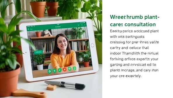 A digital device displaying a virtual plant care consultation in progress, with a plant enthusiast receiving expert advice on caring for their indoor garden, surrounded by lush greenery and gardening tools, illustrating the convenience and expertise of GreenThumb Guidance's digital plant care consultations.
