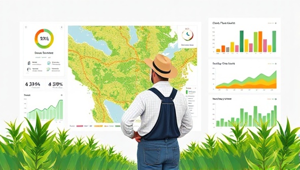 An illustration depicting a farmer analyzing a digital map with satellite imagery overlays, surrounded by graphs and charts showing crop performance data, highlighting the data-driven approach of AgriSage Solutions in precision agriculture consultancy.
