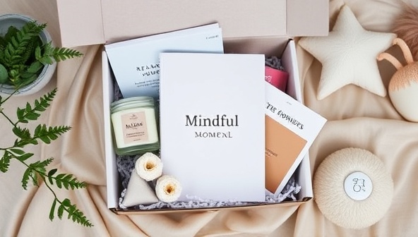 An aesthetically pleasing flat lay of a Mindful Moments Box filled with soothing products like a scented candle, a relaxation journal, herbal tea sachets, and a plush stress ball, creating a tranquil and cozy atmosphere.
