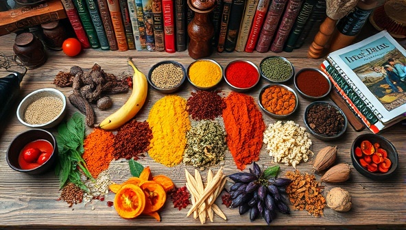 An array of colorful spices, exotic fruits, and unique ingredients neatly arranged on a rustic wooden table, surrounded by cultural artifacts and cookbooks, creating a vibrant and immersive culinary setting.