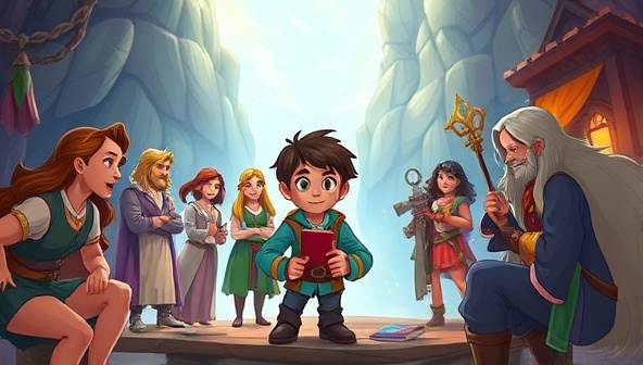 An animated scene showcasing a player making a crucial decision in the interactive storytelling game, surrounded by intriguing characters and fantastical settings, capturing the immersive and engaging nature of StoryQuest Adventures.