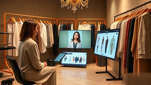 An elegant virtual styling session setup with a stylist consulting a client via video call, surrounded by racks of curated clothing options and a digital interface displaying outfit recommendations, blending personalization and technology seamlessly.