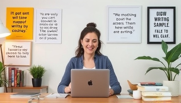 A virtual coaching session setting with a professional coach providing feedback on a client's writing sample, surrounded by inspirational quotes, writing resources, and a supportive atmosphere, symbolizing growth and mentorship in the writing journey.