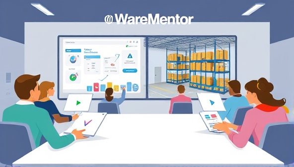 An illustration of a virtual classroom setting with WareMentor branding, showing a diverse group of students interacting with online modules and a virtual warehouse simulation, capturing the dynamic and educational nature of the training platform.