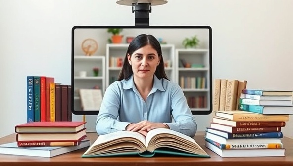 An online career counseling session depicted through a virtual meeting with a career counselor providing guidance to a client, surrounded by career-related books and resources, creating a professional and supportive atmosphere.