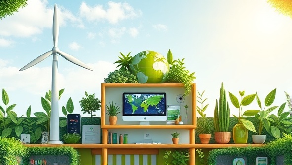 An artistic representation of a website design studio powered by renewable energy sources, surrounded by lush greenery and sustainable design elements, symbolizing the eco-conscious ethos of GreenWeb Innovations.