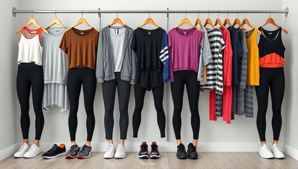 A collection of trendy fitness apparel items displayed in a virtual wardrobe setting, showcasing the variety and quality of options available for rent through FlexWear Rentals, appealing to fashion-forward fitness enthusiasts.