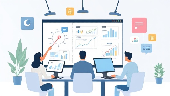 An engaging digital illustration of a virtual marketing strategy session, featuring a team brainstorming ideas on a digital whiteboard, analyzing data on multiple screens, and discussing creative campaign concepts, emphasizing innovation and collaboration in digital marketing.