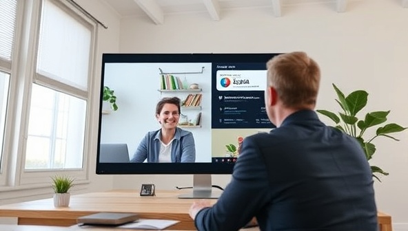 An image of a virtual meeting room with a financial planner interacting with a client through a video call, discussing investment strategies and retirement goals on the FinanceFit Pro platform, emphasizing personalized financial coaching and professional guidance in a digital setting.