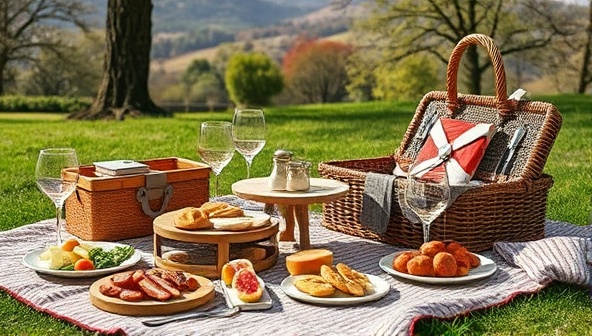 An elegant picnic setup featuring a lavish spread of gourmet delights in a picturesque outdoor setting, complete with a wicker basket, wine glasses, and a cozy blanket, evoking a sense of luxury and relaxation.