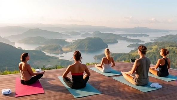 A serene and tranquil wellness retreat setting with solo travelers engaging in yoga sessions, meditation practices, and spa treatments amidst natural surroundings and peaceful landscapes, reflecting a harmonious blend of relaxation and self-discovery.