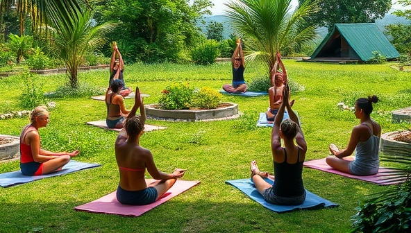 A serene eco-friendly retreat setting with participants engaging in yoga sessions amidst lush gardens, farm-to-table cooking demonstrations, and mindfulness workshops, surrounded by tranquil nature and sustainable living elements, illustrating the essence of agri-eco wellness retreats for holistic rejuvenation.