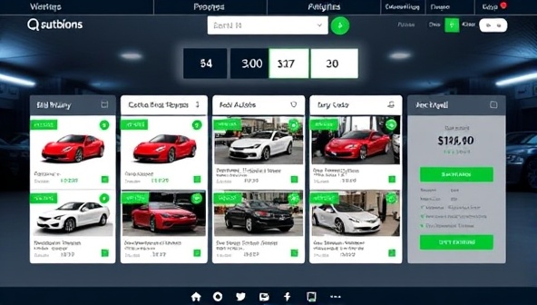 An engaging virtual car auction interface displaying multiple cars up for bidding, with a countdown timer, bid history, and detailed vehicle information, capturing the thrill and excitement of participating in an AutoBid Exchange auction from anywhere in the world.