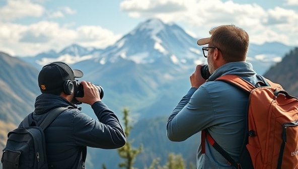 An outdoor photography session capturing a traveler in awe of a majestic mountain landscape, with a professional photographer adjusting camera settings and framing the shot, surrounded by natural beauty and a sense of adventure and discovery.