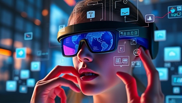 An artistic rendering of a user interacting with a website through augmented reality glasses, with virtual objects overlaying the physical environment, demonstrating the immersive and interactive nature of AR-enhanced web design.