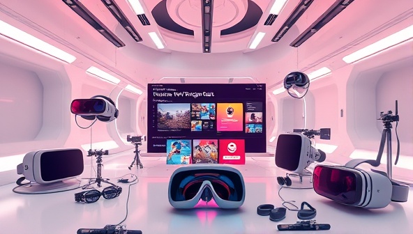 An immersive virtual reality environment showcasing a futuristic web design project with interactive elements floating in a digital space, surrounded by VR headset accessories and design tools, illustrating the cutting-edge and innovative nature of VRWebStudio.