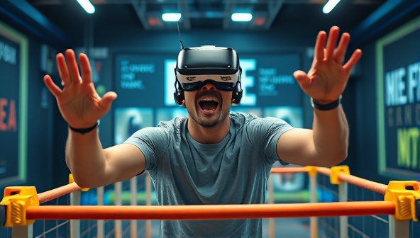 An individual wearing a VR headset while enthusiastically completing a virtual obstacle course in a futuristic digital environment, surrounded by motivational fitness quotes and achievements.