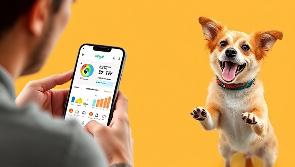 A dynamic image of a pet owner checking their pet's activity data on the FitPetTrack app, with colorful fitness charts and reminders displayed on the screen, alongside a happy and active pet engaging in various exercises, promoting the app's interactive and motivational features.
