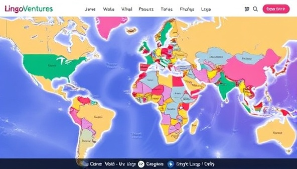 A vibrant and diverse online platform interface featuring multilingual blog posts, language exchange forums, virtual language challenges, and interactive maps showcasing users' travel adventures and language learning milestones, creating a dynamic and immersive experience for the LingoVentures community.
