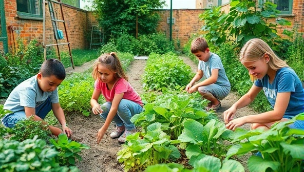 A vibrant garden scene with children and teens planting, harvesting, and tending to vegetables and herbs in a sustainable garden setting, surrounded by greenery and eco-friendly farming materials, illustrating the hands-on and educational nature of GreenSprout Youth's sustainable agriculture program.