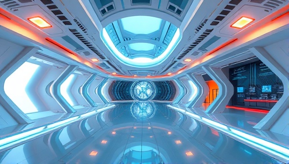 An immersive virtual reality tour showcasing a futuristic architectural design with interactive features, realistic lighting effects, and spatial navigation controls, illustrating the power of VR technology in architectural visualization.