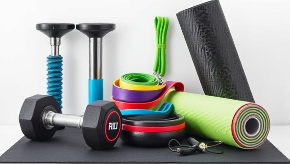 A curated selection of premium fitness equipment items displayed in a sleek and organized fashion, featuring adjustable dumbbells, resistance bands, and a yoga mat, showcasing the variety and quality of gear available through the FitFlex Gear rental service, enticing users to elevate their home workouts with personalized equipment selections.