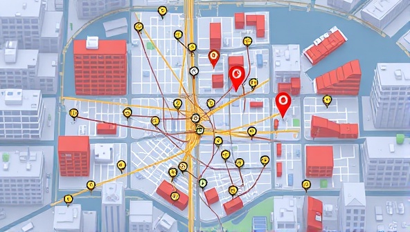 An animated map displaying a network of colorful delivery routes connecting various points in a vibrant urban neighborhood, showcasing the efficiency and connectivity of Neighborhood Express's hyper-local delivery service.