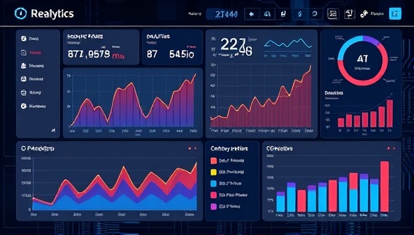 A futuristic dashboard interface displaying real-time social media analytics, graphs, and performance metrics powered by AI algorithms, illustrating data-driven decision-making and strategic insights.