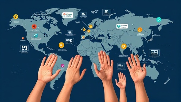 A digital map illustration showcasing various volunteer projects and service opportunities around the world, with virtual hands reaching out to connect and make a positive impact globally, symbolizing unity and collaboration in volunteerism.