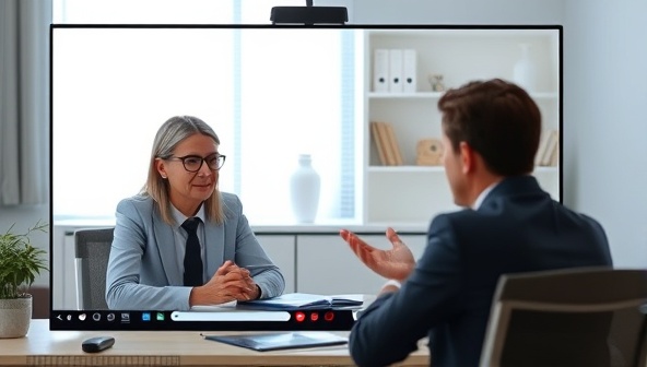 An image of a virtual mediation session with a mediator facilitating a discussion between two parties via video call, showcasing the professionalism and effectiveness of the subscription-based mediation service.