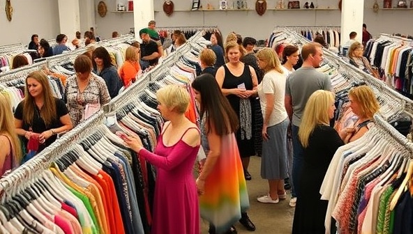 A vibrant fashion swap event filled with racks of clothing, accessories, and shoes, with diverse participants mingling and exchanging fashion items, creating a lively and sustainable shopping atmosphere that promotes community and eco-consciousness.
