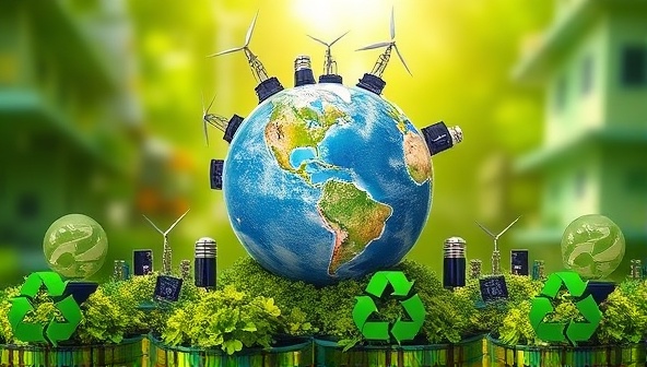 An impactful visual representation of a globe surrounded by renewable energy sources, lush greenery, and recycling symbols, symbolizing the sustainability initiatives and solutions offered by EcoLogic Solutions to businesses seeking eco-friendly practices.