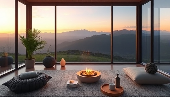 An image of a serene virtual retreat setting with calming visuals, relaxing ambiance, and digital wellness tools for guided meditation and self-reflection, inviting participants to embark on a mindful and transformative journey from the comfort of their homes.