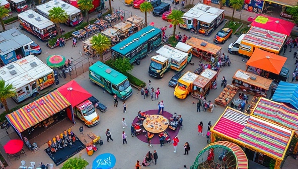 An aerial shot of TasteHaven Oasis bustling with activity, showcasing a colorful array of gourmet food trucks, communal dining areas, live music performances, and families enjoying a culinary playground atmosphere, capturing the lively and vibrant essence of the oasis.