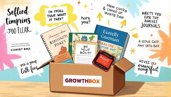 An artistic representation of a subscription box filled with motivational books, journals, and self-improvement tools, adorned with inspiring quotes and vibrant colors, conveying the transformative and enriching experience of receiving a GrowthBox.