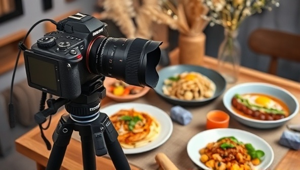 A professional food photography setup with a camera, tripod, various props, and beautifully styled dishes on a table, capturing the essence of food photography creativity and visual storytelling.