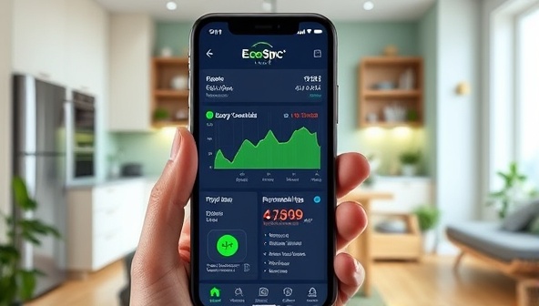 An interactive smartphone displaying the EcoSync Home app interface with energy consumption graphs, device controls, and personalized tips, set against a modern smart home backdrop with energy-efficient appliances and green technology, illustrating a connected and eco-conscious lifestyle.
