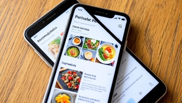 An interactive smartphone screen displaying a personalized recipe recommendation interface with vibrant food images, cooking instructions, and ingredient lists, offering a user-friendly and visually appealing experience for discovering new dishes and culinary inspirations.